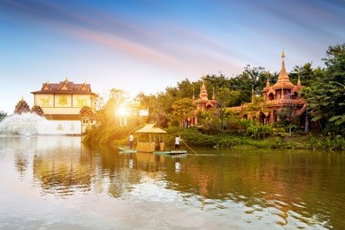 beautiful lancang river and buddhist architecture, xishuangbanna, china.