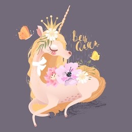 cute, beautiful unicorn. princess girl unicorn in crown, floral, flowers wreath, tied bow and butterflies