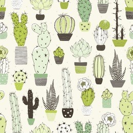 seamless abstraction background with different cactuses and succulents. vector doodle illustration.