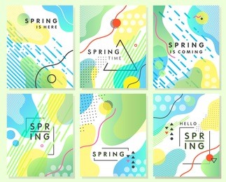 unique artistic spring cards with bright gradient background,shapes and geometric elements in memphis style.abstract design cards perfect for prints,flyers,banners,invitations,special offer and more.