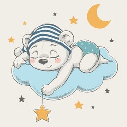 cute dreaming bear cartoon hand drawn vector illustration. can be used for t-shirt print, kids wear fashion design, baby shower invitation card.