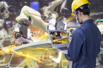 industry 4.0 robot concept .engineers use laptop computers for machine maintenance, automation tools, robot arm at the factory.
