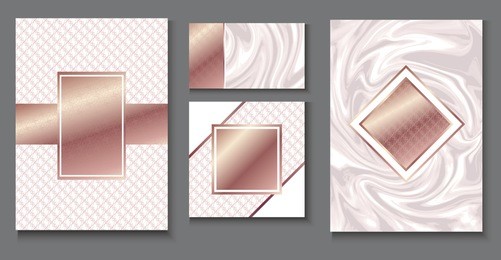brochure or vip packaging design set, luxury wrap paper template or background in trendy geometric style, with marble texture, gold rose metal, frame, vector fashion wallpaper, poster, gift box
