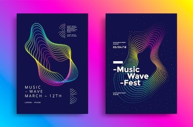music wave poster design. sound flyer with abstract gradient line waves.