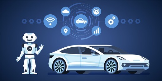 autonomous car. self-driving car with robot and icons. artificial intelligence on the road. vector infographics illustration