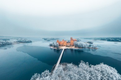 trakai island castle, winter season, aerial view. history museum. lithuania in winter.