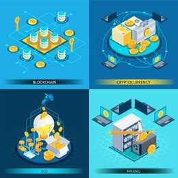 isometric design concept with cryptocurrency, blockchain, ico and mining isolated on blue background vector illustration