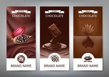 set realistic vertical banners with milk, dark and bitter chocolate. template, design element for packaging with melted chocolate