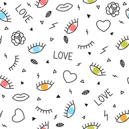 doodle seamless pattern with eyes, hearts, lips and other geometric elements. memphis style. modern hand drawn background. vector illustration