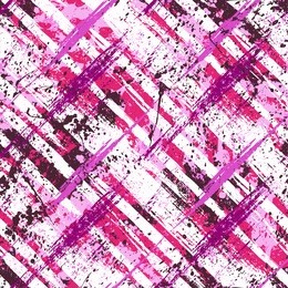 vector seamless bold plaid pattern with wild crossing brushstrokes and thin stripes hand drawn in variety of romantic pink colors for retro fashion on watercolor background with paint splatters
