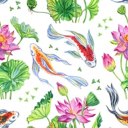 seamless pattern of lotus flowers and japanese koi, hand-drawing. seamless pattern from lotus and fish.