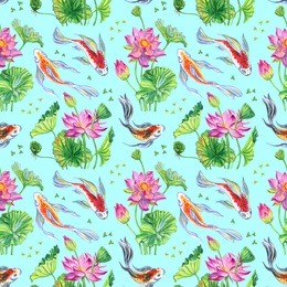 seamless pattern of lotus flowers and japanese koi, hand-drawing. seamless pattern from lotus and fish.