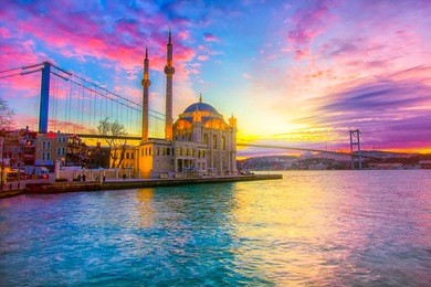 ortakoy istanbul landscape beautiful sunrise with clouds ortakoy mosque and bosphorus bridge, istanbul turkey. best touristic destination of istanbul.