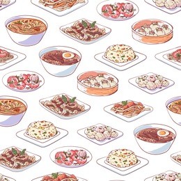 chinese cuisine dishes on white background. seamless pattern with dim sum, fried rice with vegetables, marble eggs, noodles with seafoods, ramen soup. asian restaurant menu element vector illustration