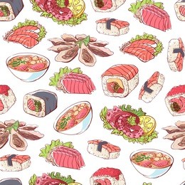 famous japanese cuisine dishes. seamless pattern with octopus, oysters, tuna, nigiri, sushi roll with shrimps, sashimi with salmon and soup with seafoods. asian restaurant menu vector illustration.