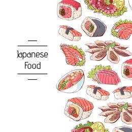 japanese food poster with asian cuisine dishes. octopus, oysters, tuna, nigiri, sushi roll with shrimps, sashimi with salmon, soup with seafoods vector illustration. oriental restaurant menu design.