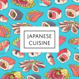 japanese cuisine poster with asian dishes. octopus, oysters, tuna, nigiri, sushi roll with shrimps, sashimi with salmon and soup with seafoods vector illustration. oriental restaurant menu design.