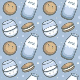 milk and cookie seamless vector pattern. food cartoon character. natural product. template for fabric and wrapping design.