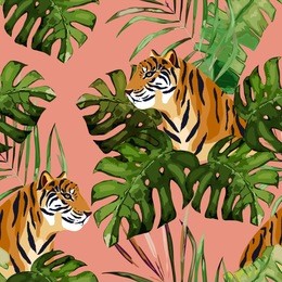 summer seamless pattern. tropical print with tiger and palm leaves. vector illustration