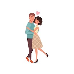 young man and woman characters in love hugging and kissing, happy romantic loving couple cartoon vector illustration