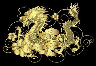 gold japanese dragon for wallpaper and background.golden dragon with lotus,hibiscus and sakura flower on black cloud.