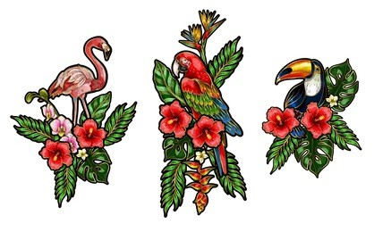 flamingo, parrot, toucan embroidery patches with bouquet of tropical flowers