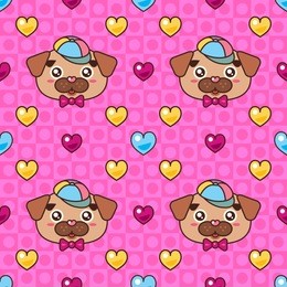 cute seamless pattern. puppy pug in a cap and with a bow and multi-colored hearts. pink background. funny children's ornament. kawaii style.