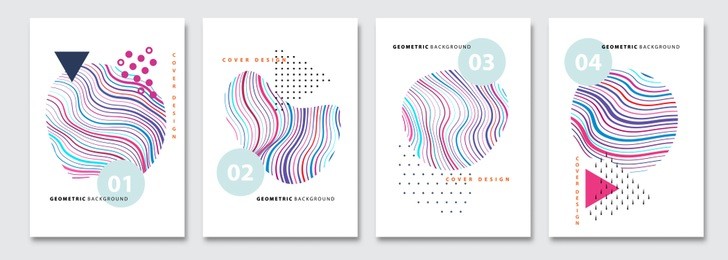 cover templates set, vector geometric abstract background. flyer, presentation, brochure, banner, poster design. memphis, modern bauhaus style. 