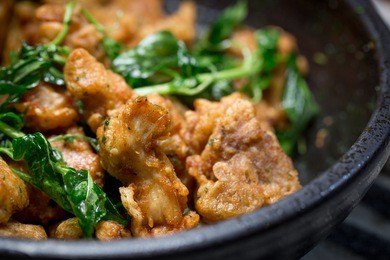 taiwanese fried basil and deep fried popcorn chicken.