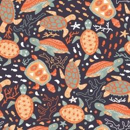 vector seamless background pattern with turtles and sea plants, corals, fishes