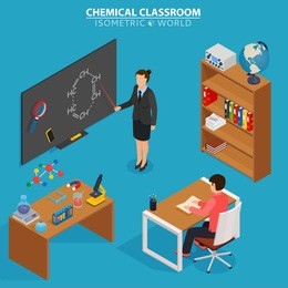 chemical classroom. school education isometric design concept with teacher at blackboard and pupil in classroom vector illustration.