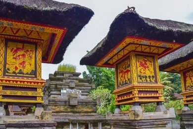 beautiful thatched roof of the tirta empul temple. bali, indonesia