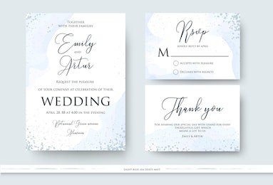 wedding invite, thank you, rsvp card design set with abstract watercolor style decoration in light tender dusty blue color on white background. vector trendy modern romantic art layout, template