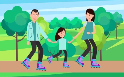 family roller skating together vector illustration in park on background of trees and bushes. parents teach child to skate on rollers, spending free time