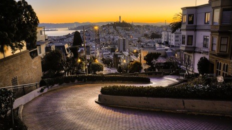 san francisco lombard street. early morning light at the world's crookedest street., a san francisco tourist attraction.