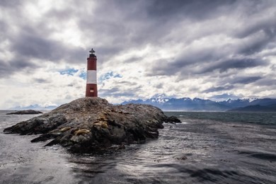 les eclaireurs lighthouse island in the middle of the beagle channel, close to ushuaia city in argentina. tierra del fuego island, patagonia.