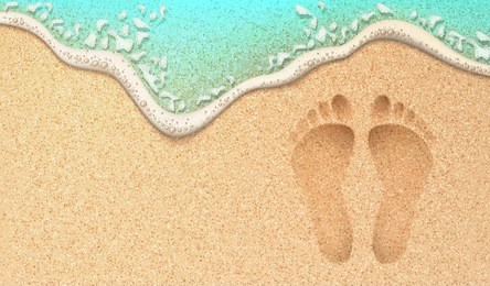 beach sand footprint ocean coast sea azure wave with bubble. vector realistic illustration. tropical travel, summer vacation holiday paradise resort background template. human steps on shore