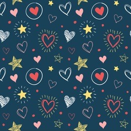 hand-drawn doodle seamless pattern with hearts and stars. design elements for valentine's day. dark navy color background and multicolor elements.