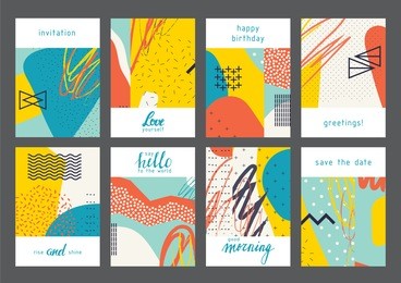 set of creative universal artistic cards. designs for prints, wedding, anniversary, birthday, valentine's day, party invitations, posters, cards, etc. vector. isolated.