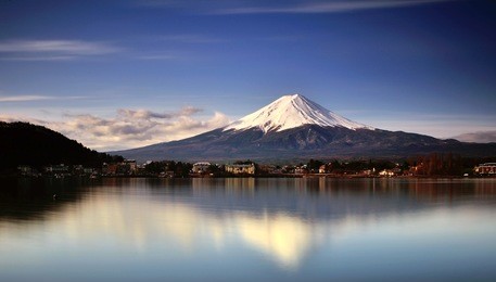 view of mount fuji reflection from lake kawaguchi during sunrise