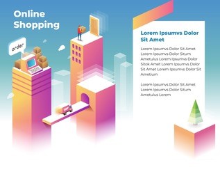 online shopping landing page template for website. isometric illustration