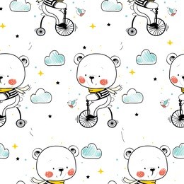 vector seamless pattern of cute baby bear on bicycle.cartoon hand drawn vector illustration. 