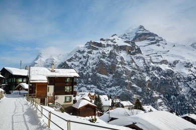 majestic jungfrau peak above the murren village in bernese alps in switzerland