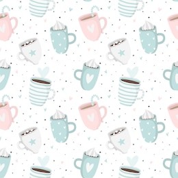 hand drawn mint valentine's day romantic seamless pattern with cute cups, mugs, hearts, coffee, cocoa and more. vector illustration background in pink and mint colors