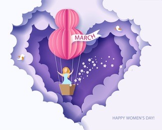 card for 8 march womens day. woman in basket of hot air balloon. abstract background with text and flowers .vector illustration. paper cut and craft style.