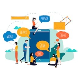 social media, networking, chatting, texting, communication, online community, posts, comments, news flat vector illustration. people with speech bubbles design for mobile and web graphics