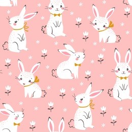 seamless pattern of cute white bunnies on pink background with floral elements.