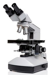 photo of a professional ocular laboratory microscope with stereo eyepiece isolated on a white background. this is a genuine piece of equipment and the type that would be used in a real lab.