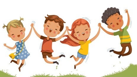boys and girls are playing together happily. kids play at the grass. children holding hands and jumping , running a meadow. the concept is fun and vibrant moments of childhood. vector illustrations. 