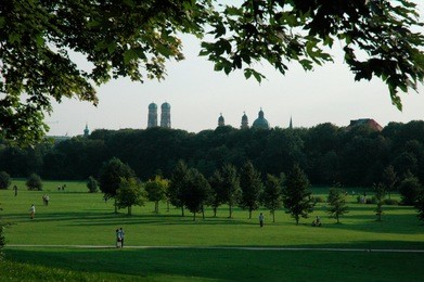 skyline of munich germany, view from the english garden, munich, germany, europe, public ground